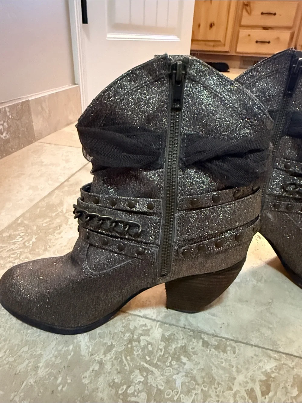 Women's Glitter Ankle Boots with Decorative Chains and Gem Accent -